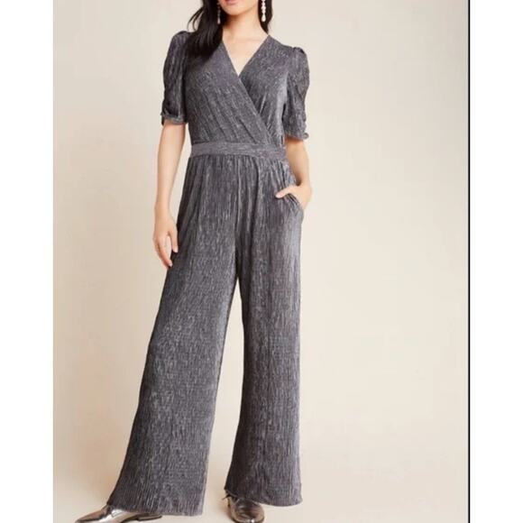 ANTHROPOLOGIE GREYLIN Silver Metallic Crinkle Wide Leg Jumpsuit large - Picture 1 of 9